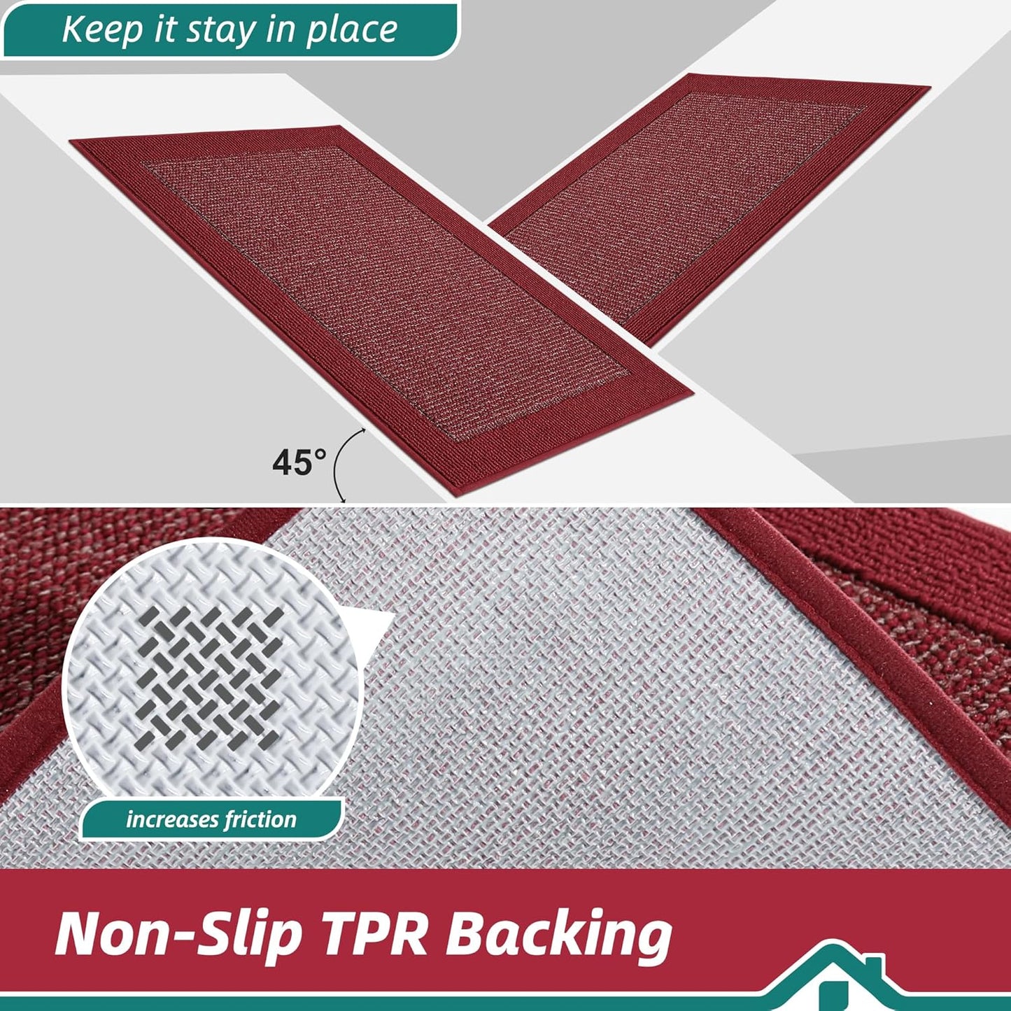 BEQHAUSE Kitchen Runner Rugs 24"x60", Kitchen Rugs Non-Slip Kitchen Mats for Floor, Absorbent and Stain Resistant Kitchen Mats, Machine Washable Rug for Kitchen, Hallway, Laundry & Sink, Red