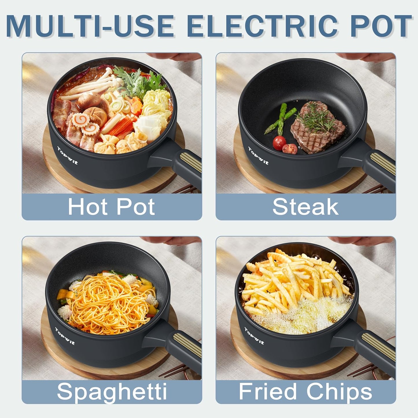 TOPWIT Hot Pot Electric with Steamer, 2L Multifunctional Electric Pot, Non-Stick Sauté Pan, Portable Pot for Steak, Fried Rice, Ramen, Soup with Dual Power Control (Silicone Spatula Included), Grey