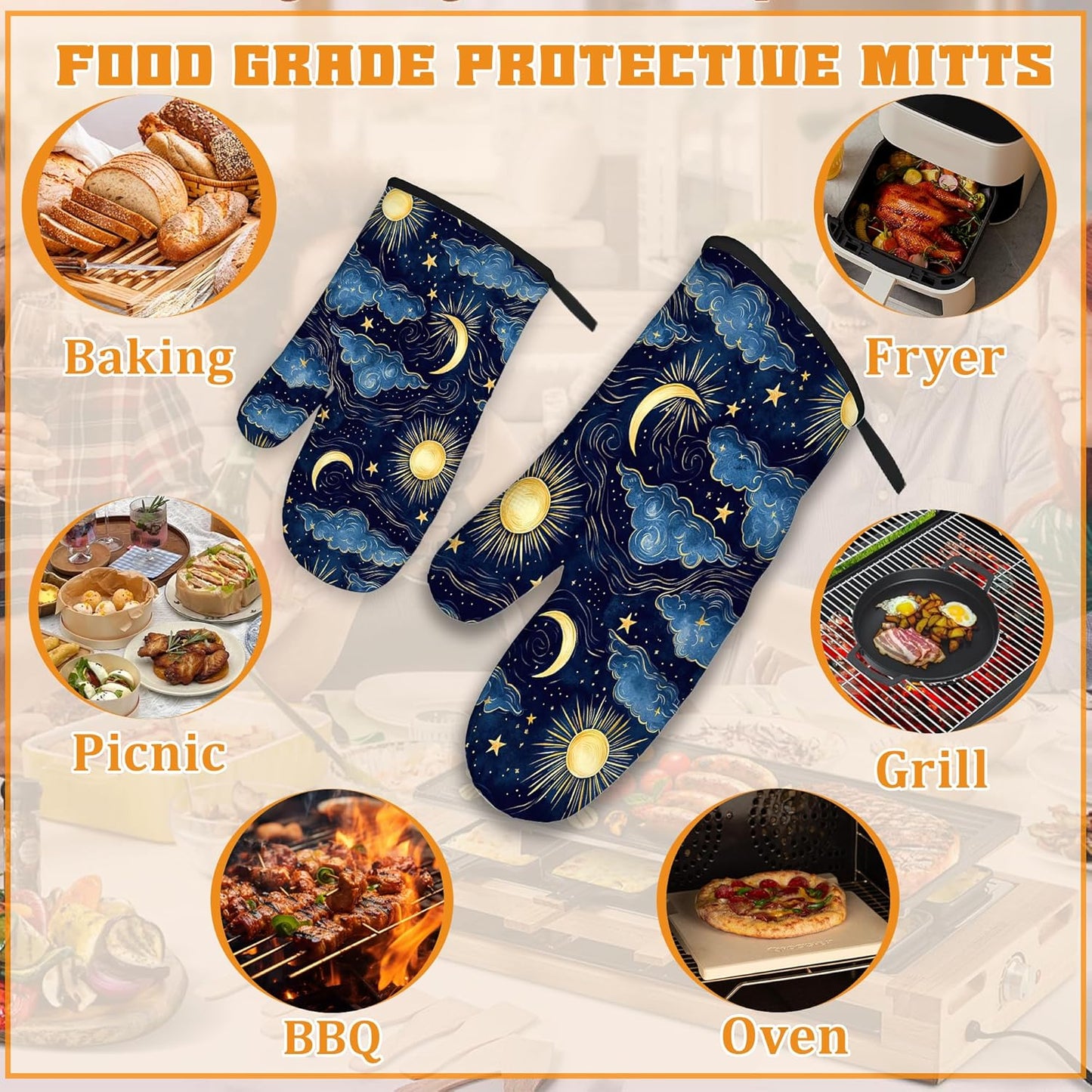 Starry Night Oven Mitts and Pot Holders Set,Sun Moon Kitchen Oven Gloves and Pot Holder with Heat Resistant Non Slip for Cooking Baking Grilling(4 Piece Set)