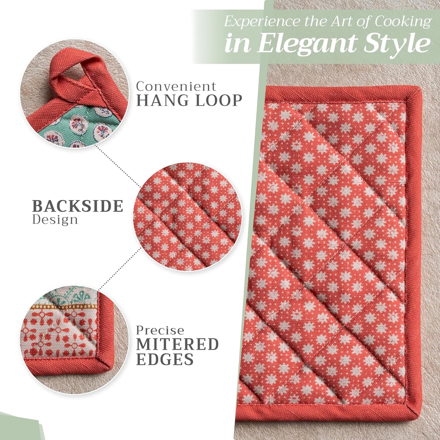 Maison d' Hermine Pot Holders Set 100% Cotton Heat Resistant Potholders 8" x 8" Hot Pads with Loop BBQ, Cooking, Baking, Grilling, Kitchen, Handling Hot Pans Spring/Summer (Pack of 2, Provence)