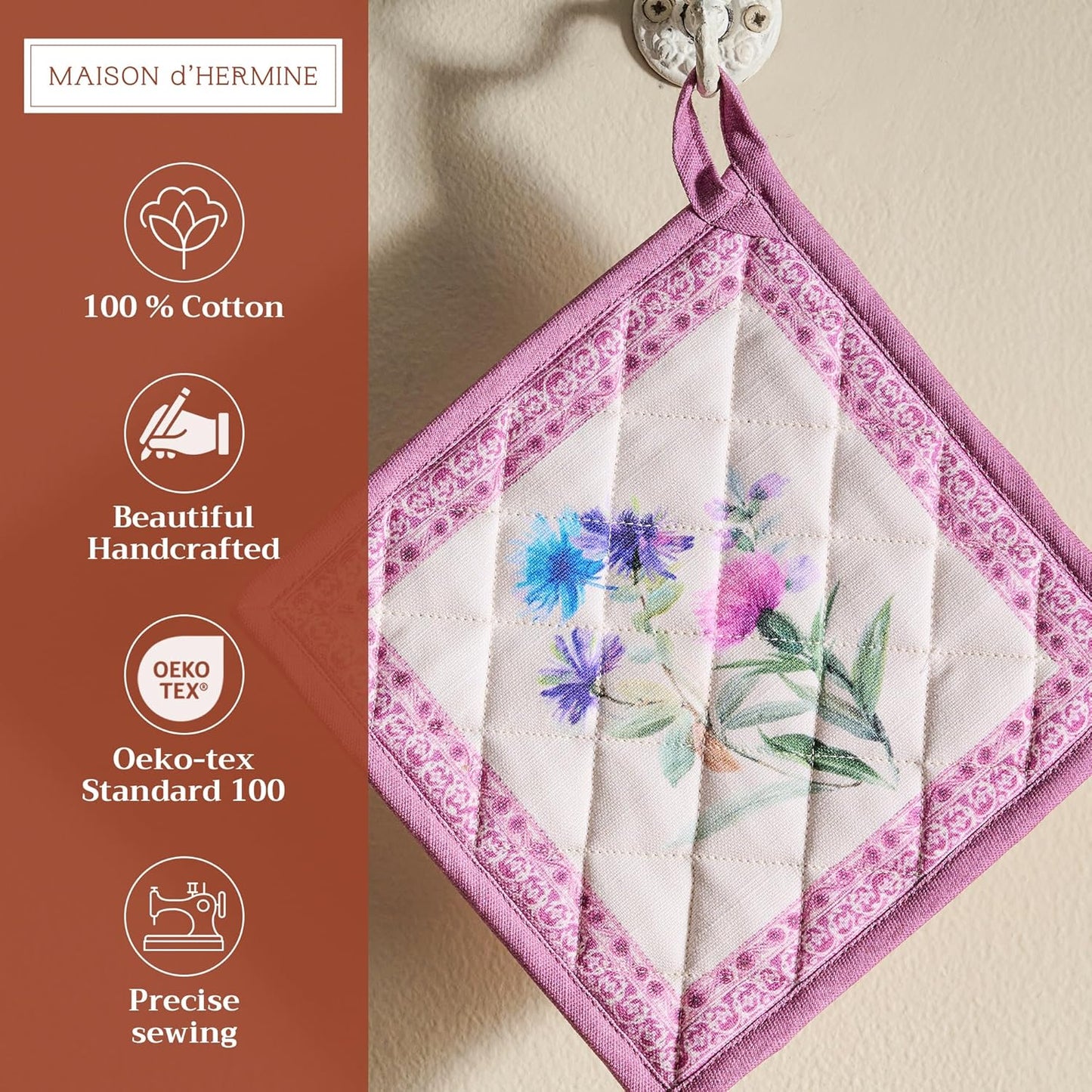 Maison d' Hermine Pot Holders 100% Cotton Heat Resistant Potholders 8" x 8" Hot Pads with Loop BBQ, Cooking, Baking, Grilling, Kitchen, Handling Hot Pans Spring/Summer (Pack of 1, Chardon)