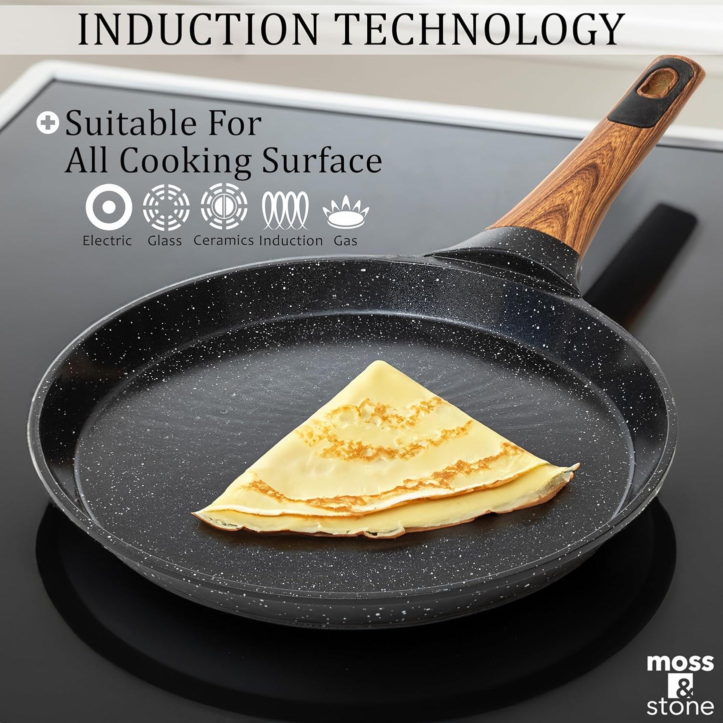 Moss & Stone 9.5 Inch Nonstick Crepe Pan with Spreader, Dosa Pan for Roti Dosa Tawa Comal Para Tortillas, Ceramic Flat Skillet Pan Induction Compatible, Pancake Pan for Stove Top - Black