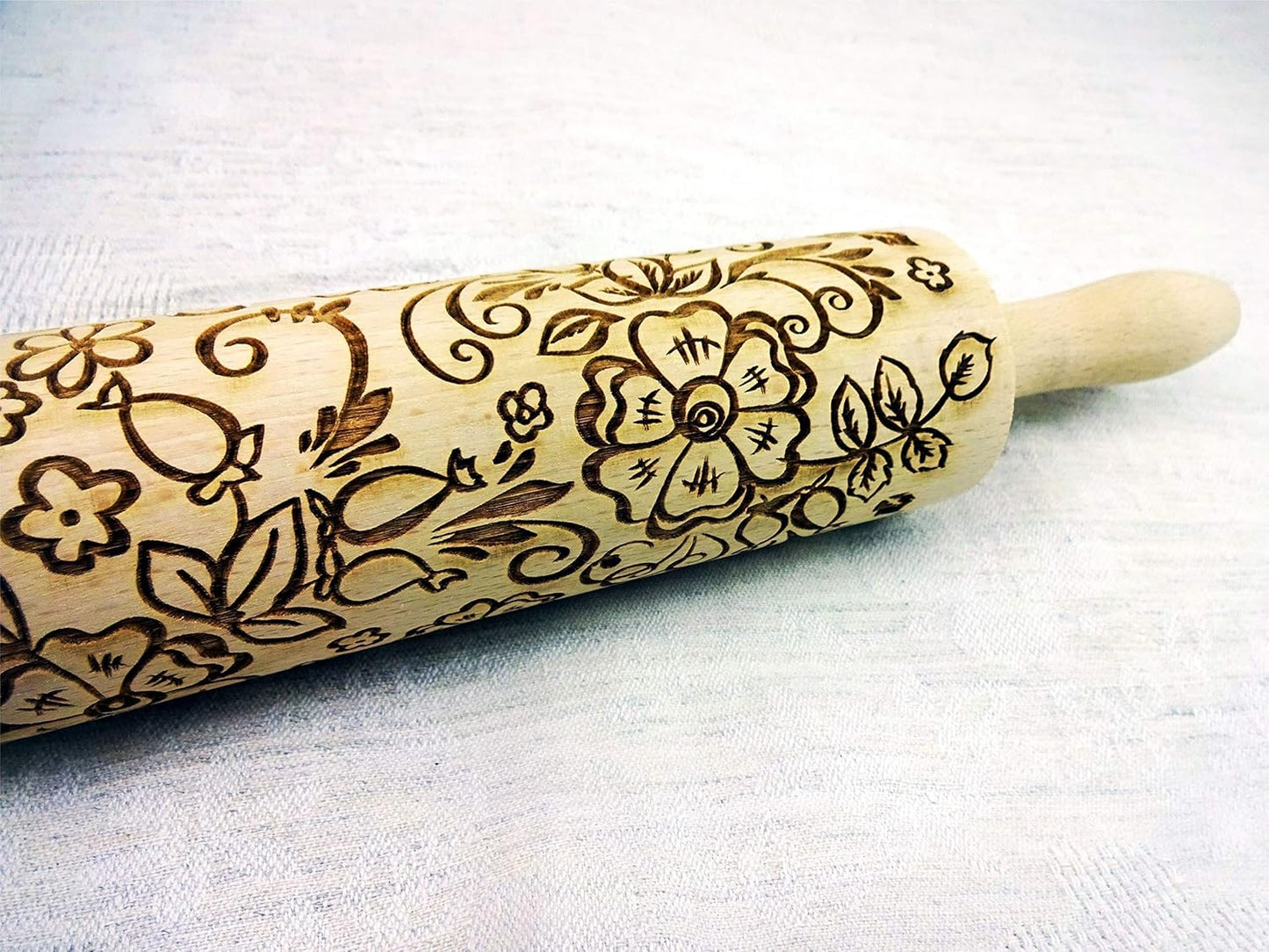 ROSEHIP FLOWERS EMBOSSING ROLLING PIN LASER ENGRAVED with ROSESHIP FLOWERS GIFT for MOTHER FRIEND