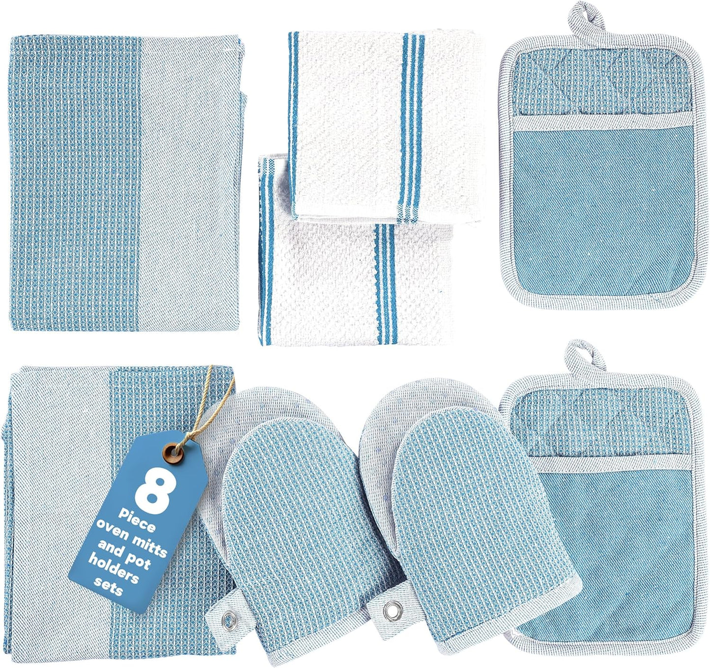 Casa Platino Silicone Oven Mitts Set, 8-Piece – 500°F Heat Resistant Mini Oven Mitt Set, Potholders for Kitchens, 2 Kitchen Towels & 2 Dish Cloths – Durable, Non-Slip & Machine Washable – Cornflower