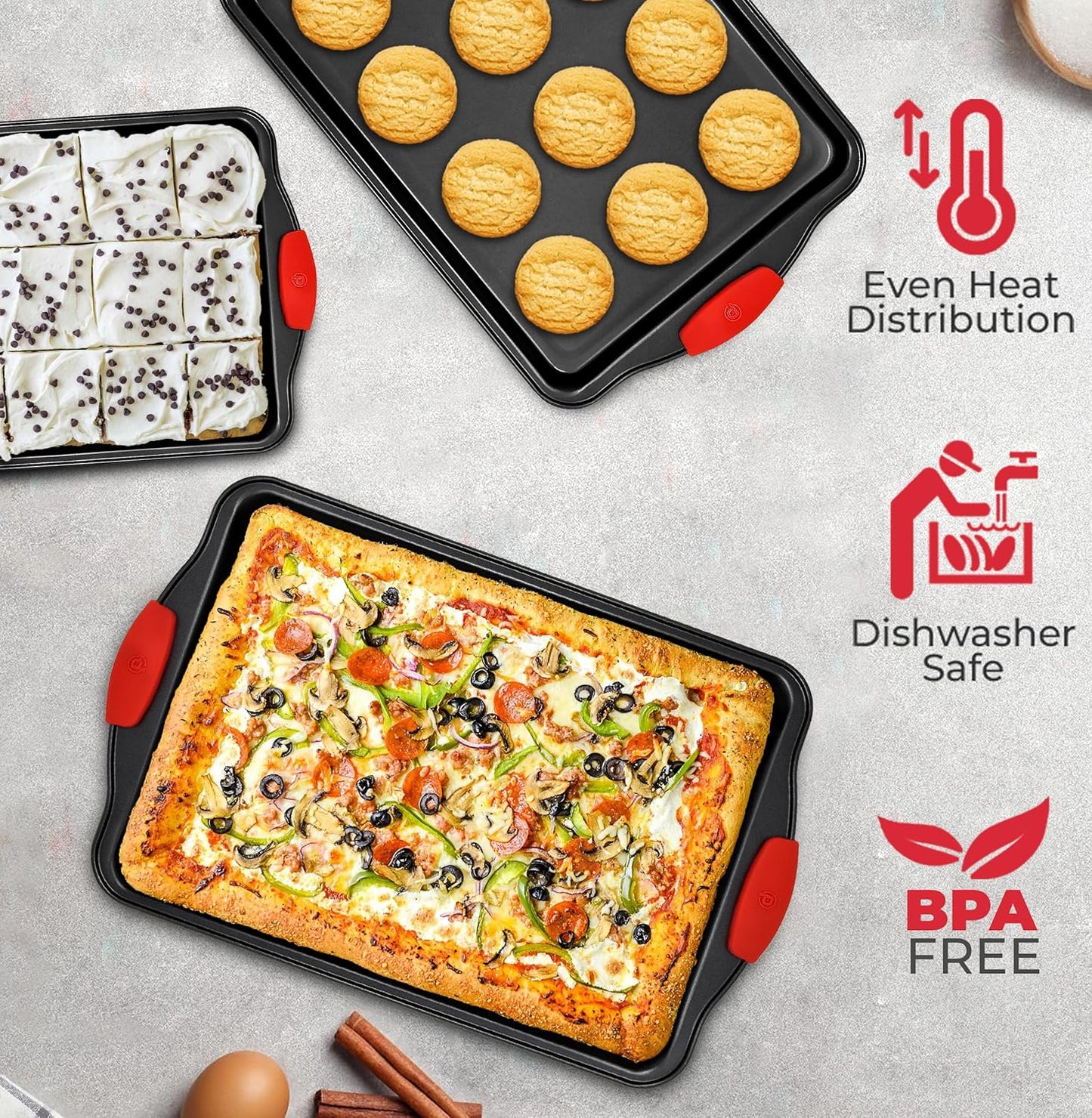 PERLLI Non-Stick 3-Piece Baking Pan Set, BPA-Free Carbon Steel Bakeware Set with Silicone Handles, Stackable Kitchen Oven Set, Cookie Sheet, Baking Tray, Baking Sheet Set, Oven Safe (446°F)